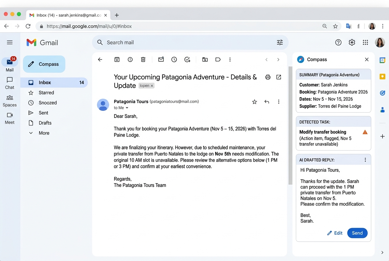 Gmail screen with active Compass sidebar